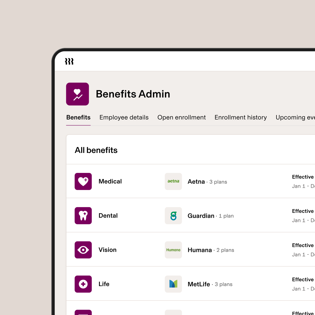 Benefits Admin dashboard showing medical, dental, vision, life and HSA options with their respective providers and plan counts.