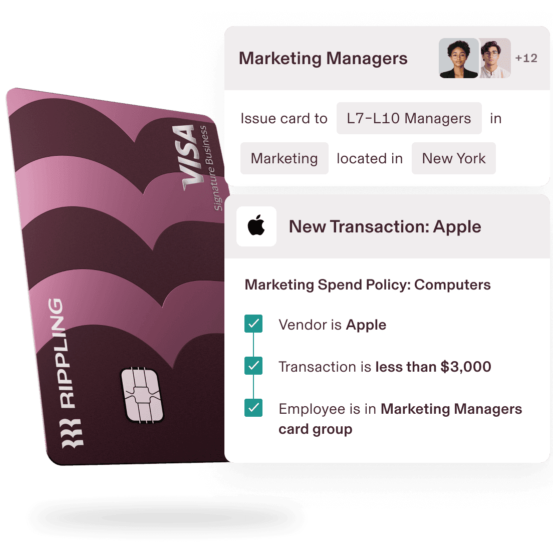 Rippling corporate Visa business card with automated spend controls, showing real-time transaction approval for Apple purchases under a marketing spend policy. The interface highlights card issuance for marketing managers, role-based access, location-based rules, and automated expense compliance in one unified workforce management platform.