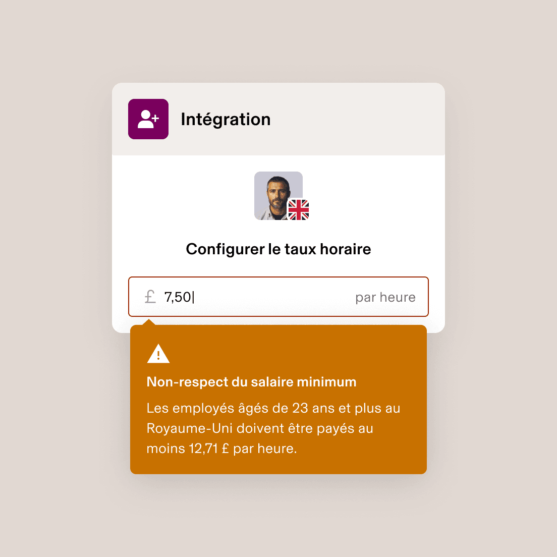 Una pantalla de incorporación de un empleado muestra una advertencia de infracción de sueldo mínimo en la tarifa de 7,50 £/hora, inferior al requisito del Reino Unido de 9,50 £/hora.