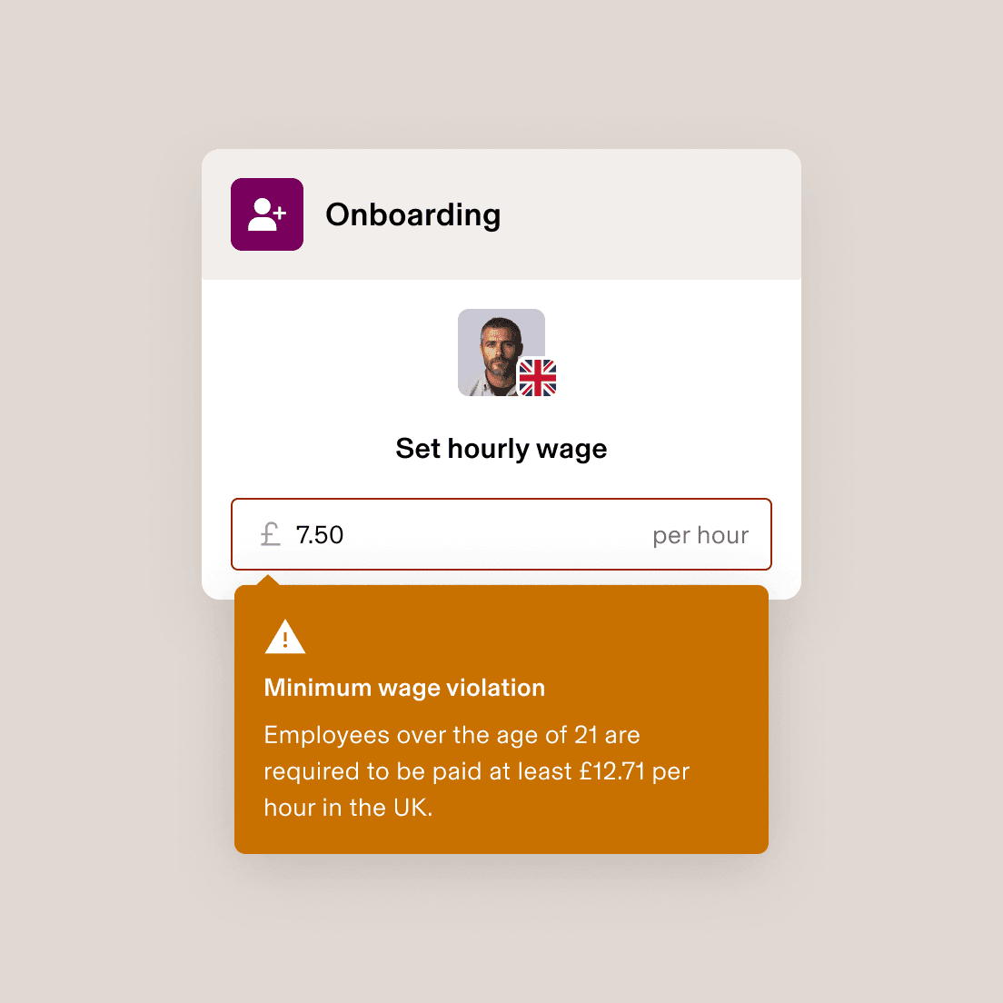 Employee onboarding screen showing minimum wage violation warning for £7.50 hourly rate that’s below UK requirement of £9.50.