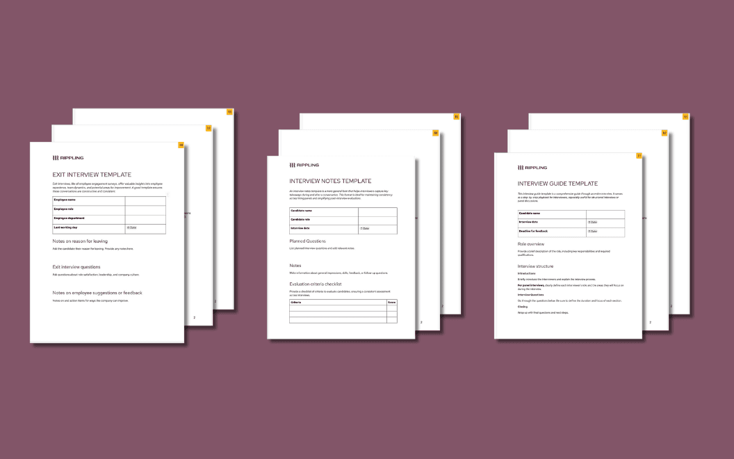 A graphic illustration of three sets of interview templates, including an exit interview template, interview notes template, and interview guide template