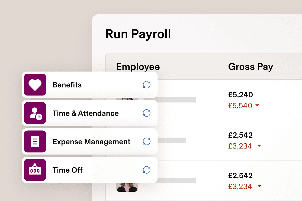 Example of a screen titled Run payroll in Rippling with options including Benefits, Time and Attendance, Expense Management and Time Off