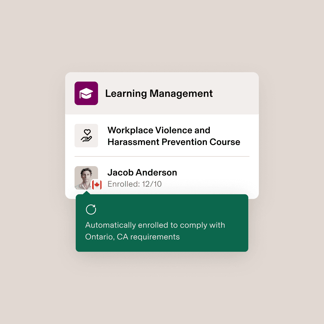 Learning management interface showing workplace violence prevention course enrolment for a user with Canadian flag, enrolled 01/12/2022.