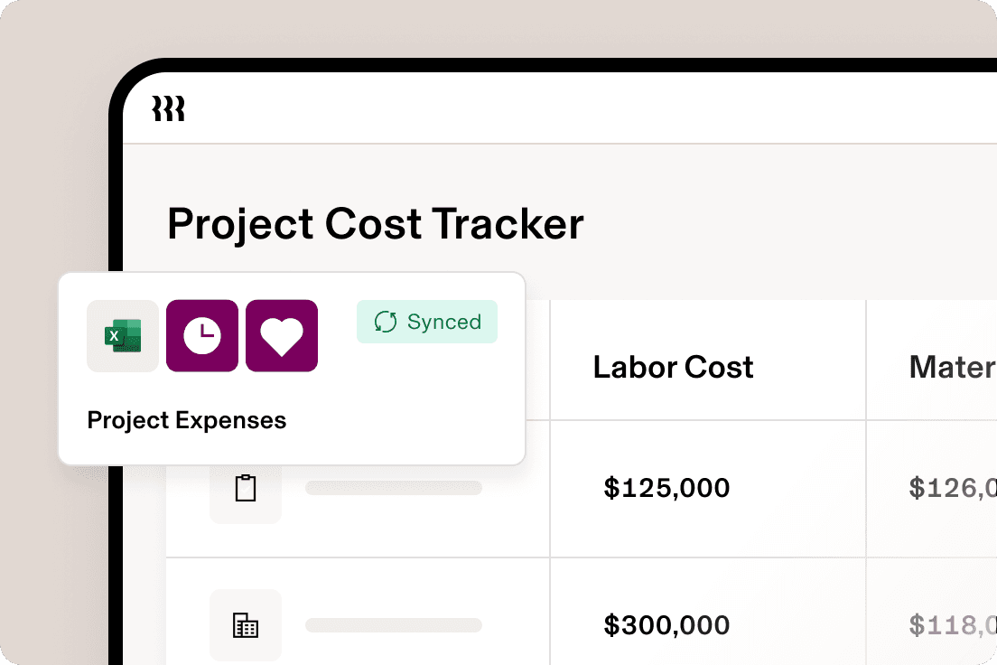 Project Cost Tracker interface showing expenses section with Excel icon, labour costs of $125,000 and $300,000 displayed in a table.
